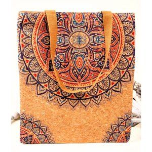Tote Bag. Cork. Tan, Blue, Red, Mandala Pattern. NWT.